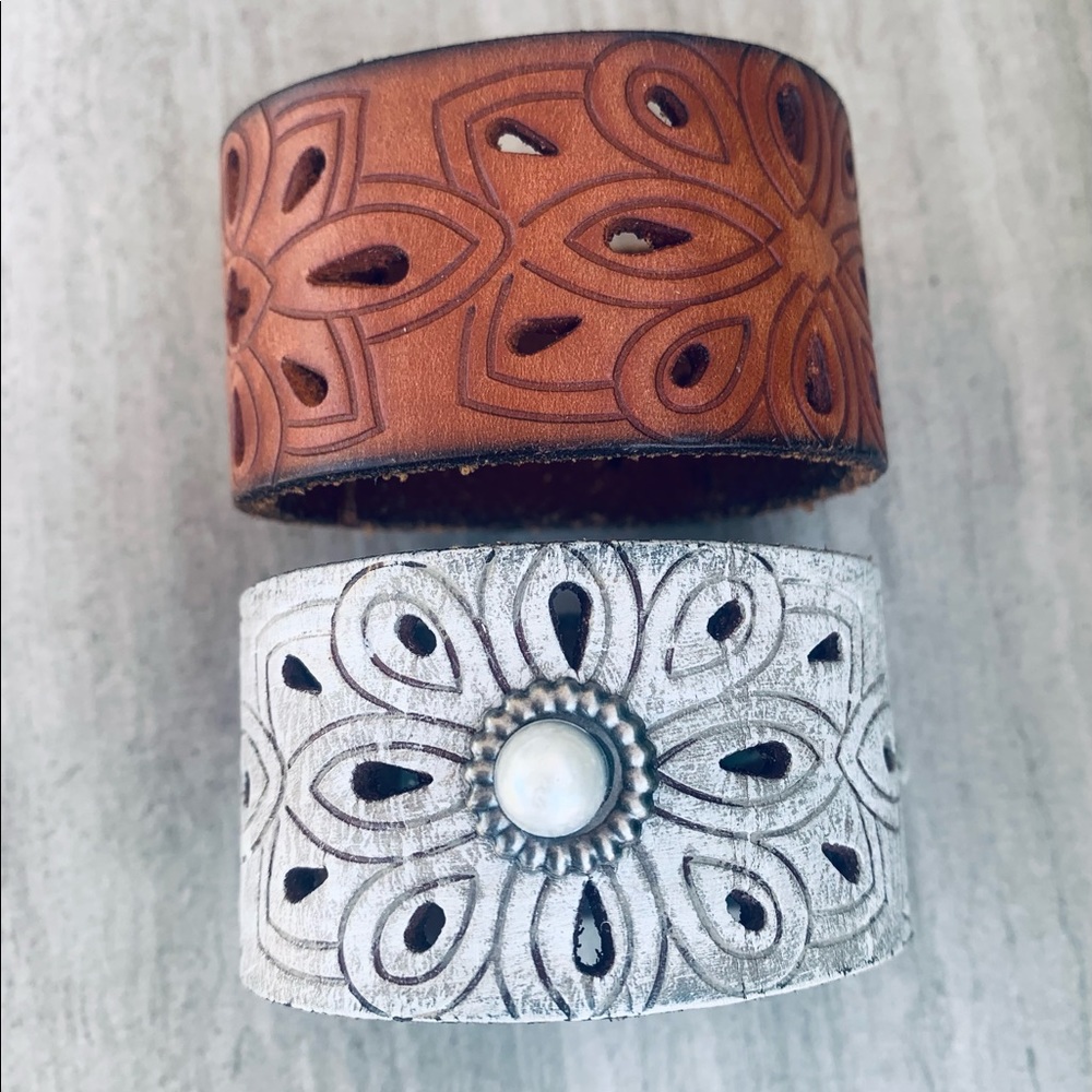 Leather upcycled belt cuff. Brown or white